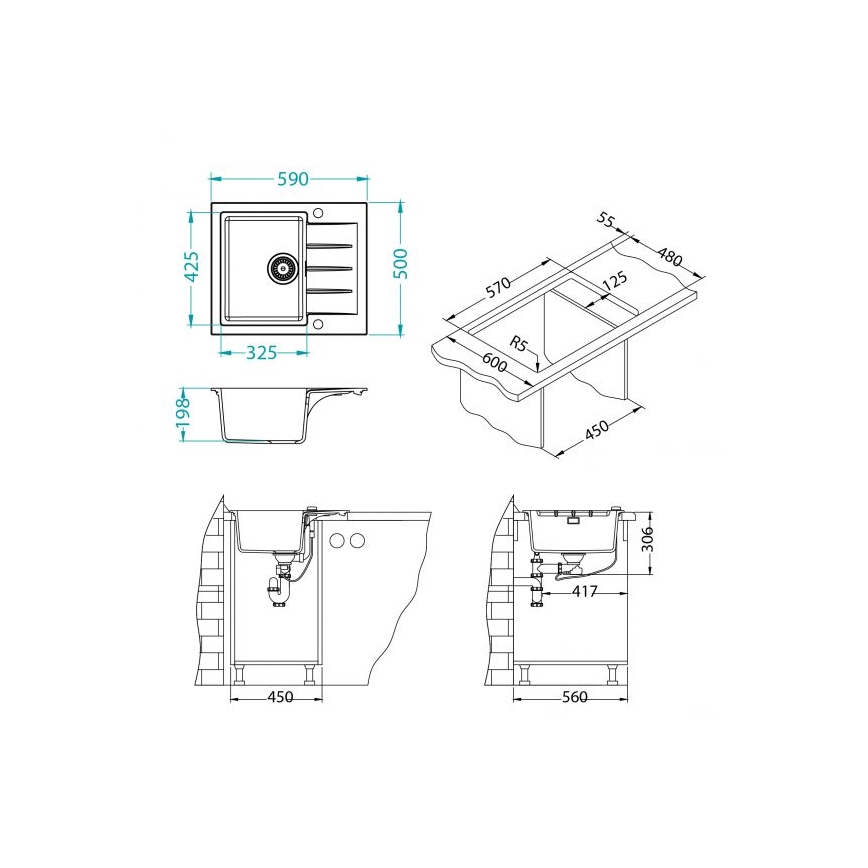 ALVEUS 1148158 - Lava-loiça de cozinha CADIT 59x50 cm granito/preto