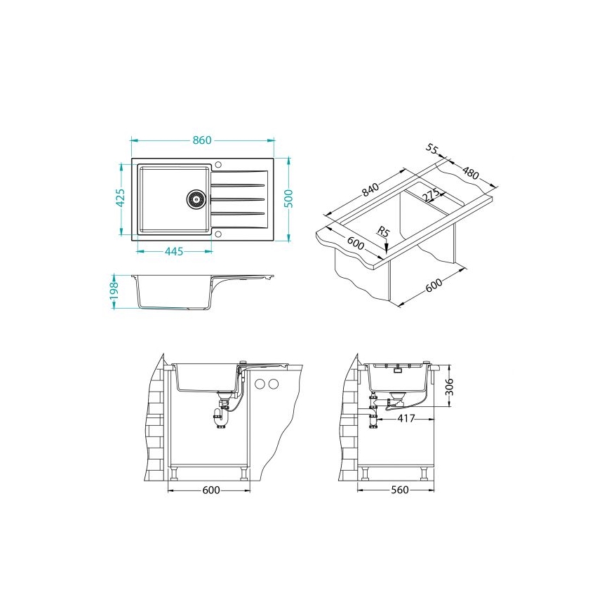 ALVEUS 1148160 - Lava-loiça de cozinha CADIT 86x50 cm granito/preto