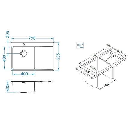 ALVEUS 1149516 - Cuba de cozinha PURE 79x52,5 cm acetinada, com cuba à direita + sifão com fecho rápido