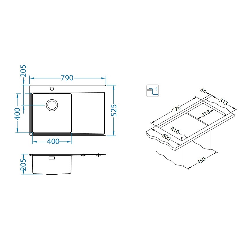 ALVEUS 1149516 - Cuba de cozinha PURE 79x52,5 cm acetinada, com cuba à direita + sifão com fecho rápido