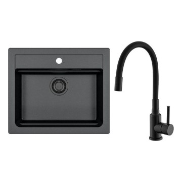 ALVEUS SETA23228 - Cuba de cozinha ATROX 59x50 cm + misturadora de cozinha com bica flexível MINTAS 34 cm granito/preto mate