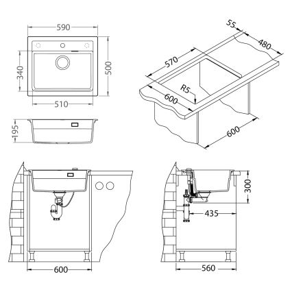 ALVEUS SETA23228 - Cuba de cozinha ATROX 59x50 cm + misturadora de cozinha com bica flexível MINTAS 34 cm granito/preto mate