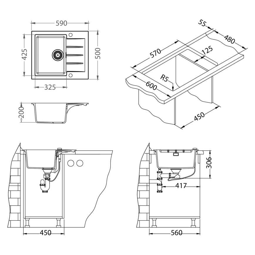 ALVEUS SETA23230 - Cuba de cozinha CADIT 59x50 cm + misturadora de cozinha com bico flexível MINTAS 34 cm granito/preto mate