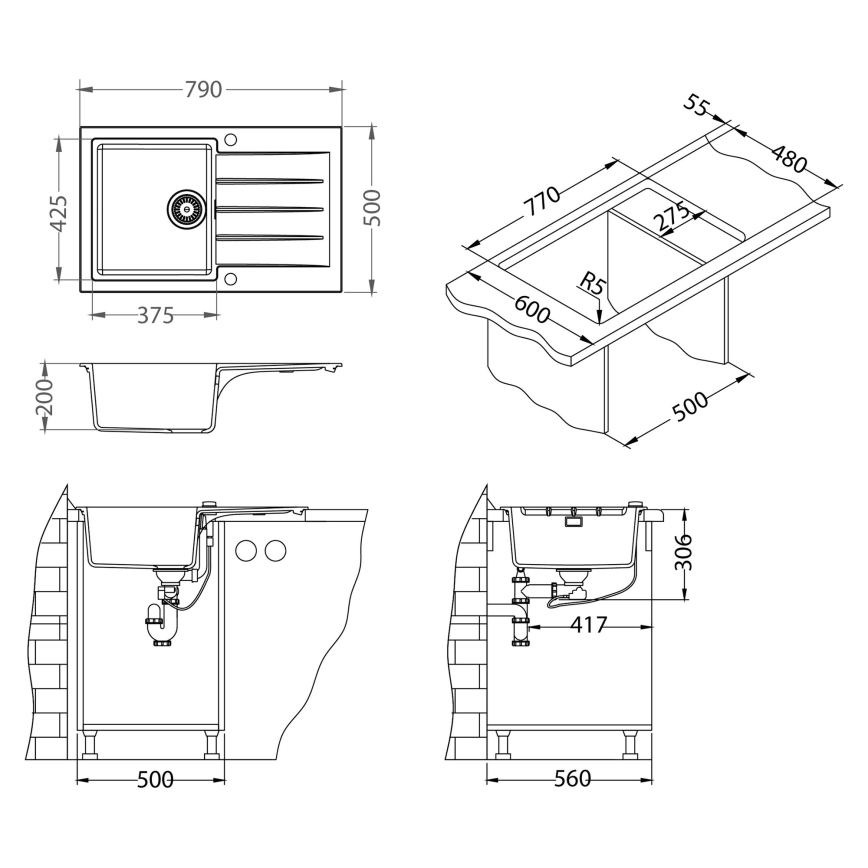 ALVEUS SETA23231 - Cuba de cozinha CADIT 79x50 cm + misturador para cuba MINTAS 34 cm com bica flexível, granito/preto mate