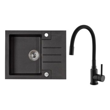 ALVEUS SETA23236 - Cuba de cozinha ROCK 59,5x47,5 cm + Torneira de cozinha com bica flexível MINTAS 34 cm granito/preto mate