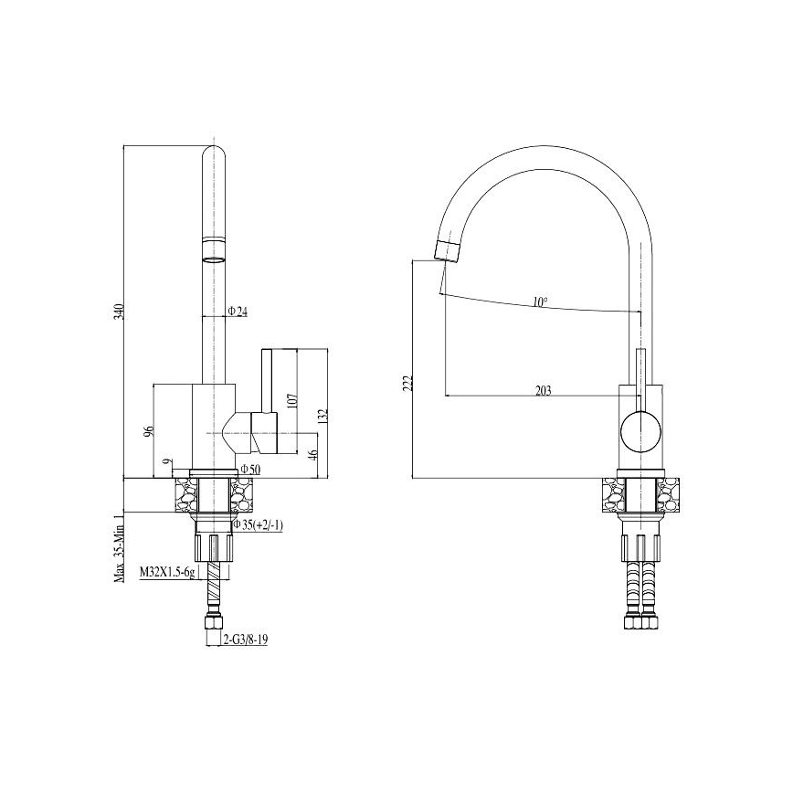ALVEUS SETA737 - Cuba de cozinha CORTINA 50x45 cm + torneira de cozinha com bica flexível TONIA 29,5 cm granito/preto mate