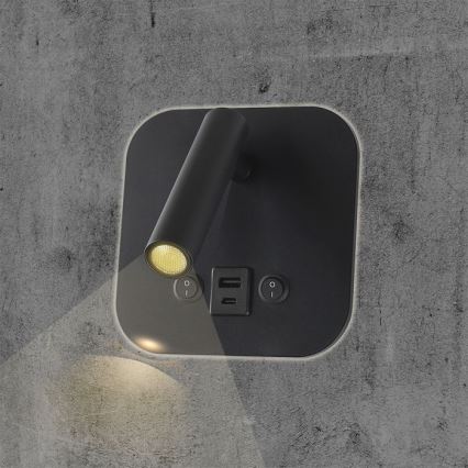 Aplique de parede LED com foco e porta USB LED/8W/230V 3000K preto
