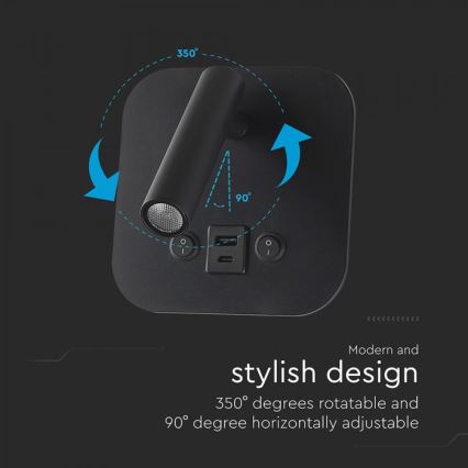 Aplique de parede LED com foco e porta USB LED/8W/230V 3000K preto