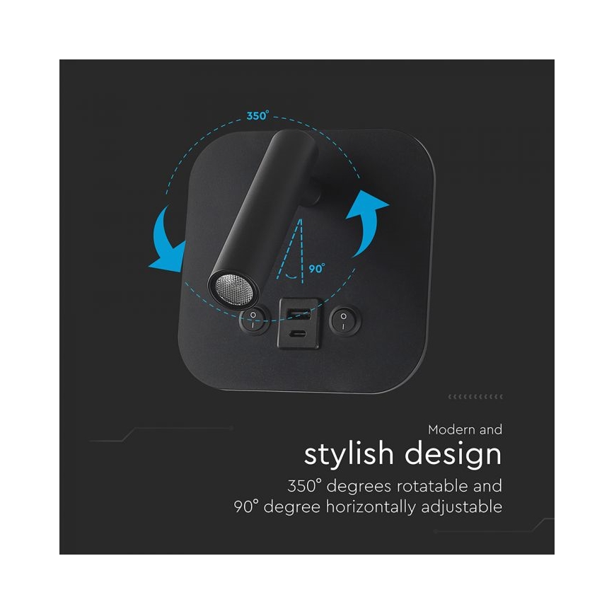 Aplique de parede LED com foco e porta USB LED/8W/230V 3000K preto