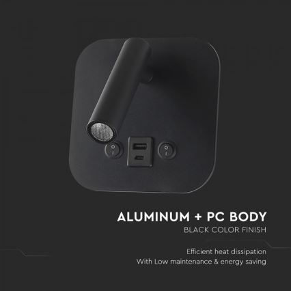 Aplique de parede LED com foco e porta USB LED/8W/230V 3000K preto