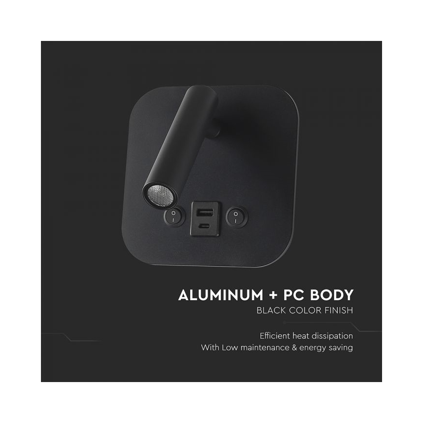 Aplique de parede LED com foco e porta USB LED/8W/230V 3000K preto