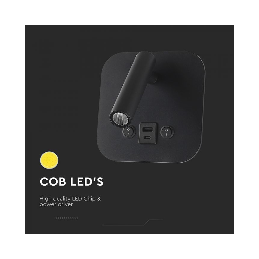 Aplique de parede LED com foco e porta USB LED/8W/230V 3000K preto