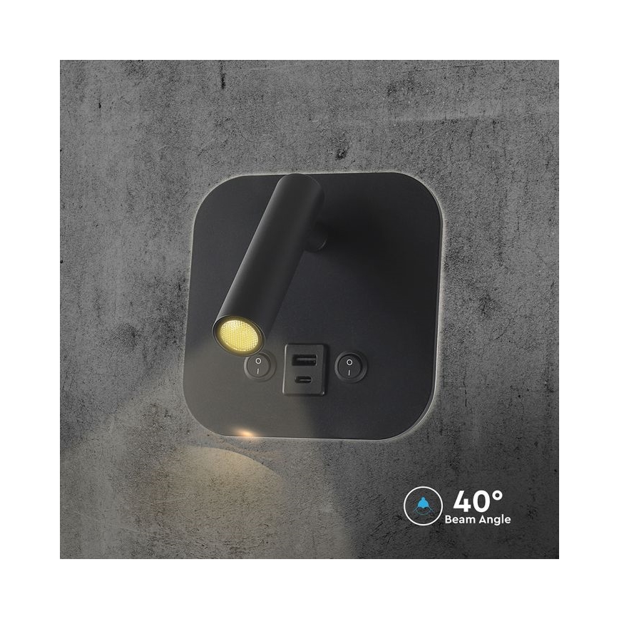 Aplique de parede LED com foco e porta USB LED/8W/230V 3000K preto