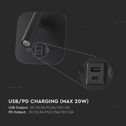 Aplique de parede LED com foco e porta USB LED/8W/230V 3000K preto