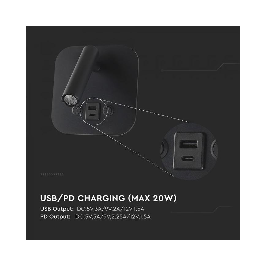 Aplique de parede LED com foco e porta USB LED/8W/230V 3000K preto