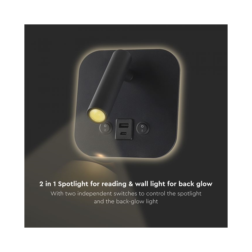 Aplique de parede LED com foco e porta USB LED/8W/230V 3000K preto