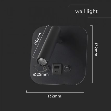 Aplique de parede LED com foco e porta USB LED/8W/230V 3000K preto