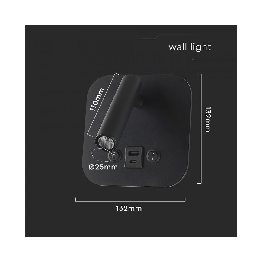 Aplique de parede LED com foco e porta USB LED/8W/230V 3000K preto