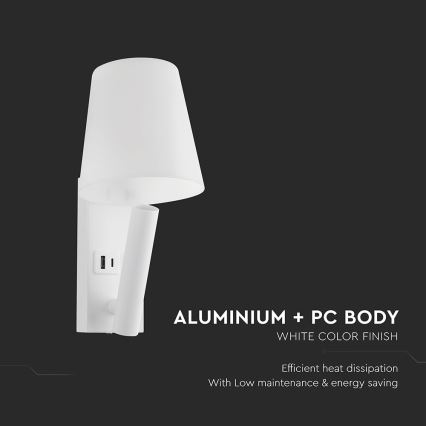 Aplique de parede LED com porta USB LED/2W/230V 3000K branco