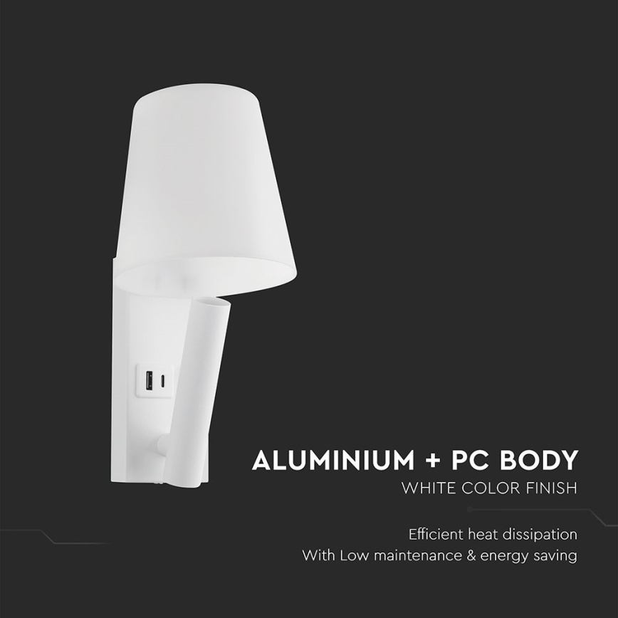 Aplique de parede LED com porta USB LED/2W/230V 3000K branco