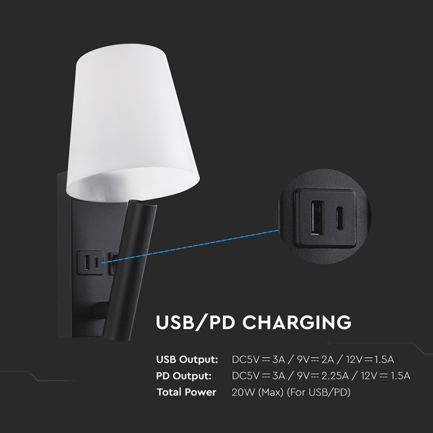 Aplique de parede LED com porta USB LED/2W/230V 3000K preta/branca