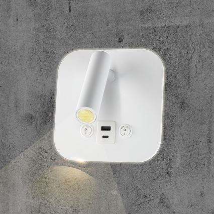 Aplique de parede LED direcionável com porta USB LED/8W/230V 3000K branco