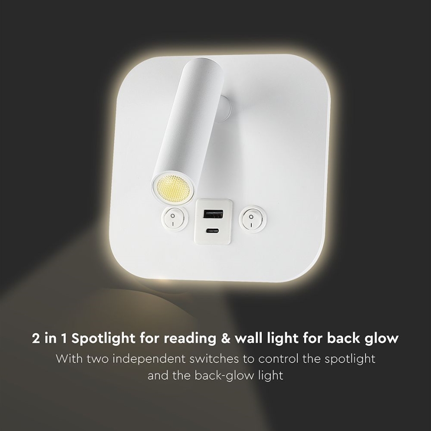 Aplique de parede LED direcionável com porta USB LED/8W/230V 3000K branco