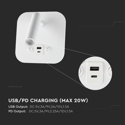 Aplique de parede LED direcionável com porta USB LED/8W/230V 3000K branco