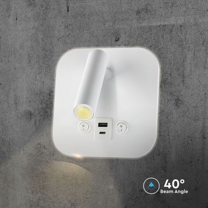 Aplique de parede LED direcionável com porta USB LED/8W/230V 3000K branco