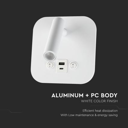 Aplique de parede LED direcionável com porta USB LED/8W/230V 3000K branco