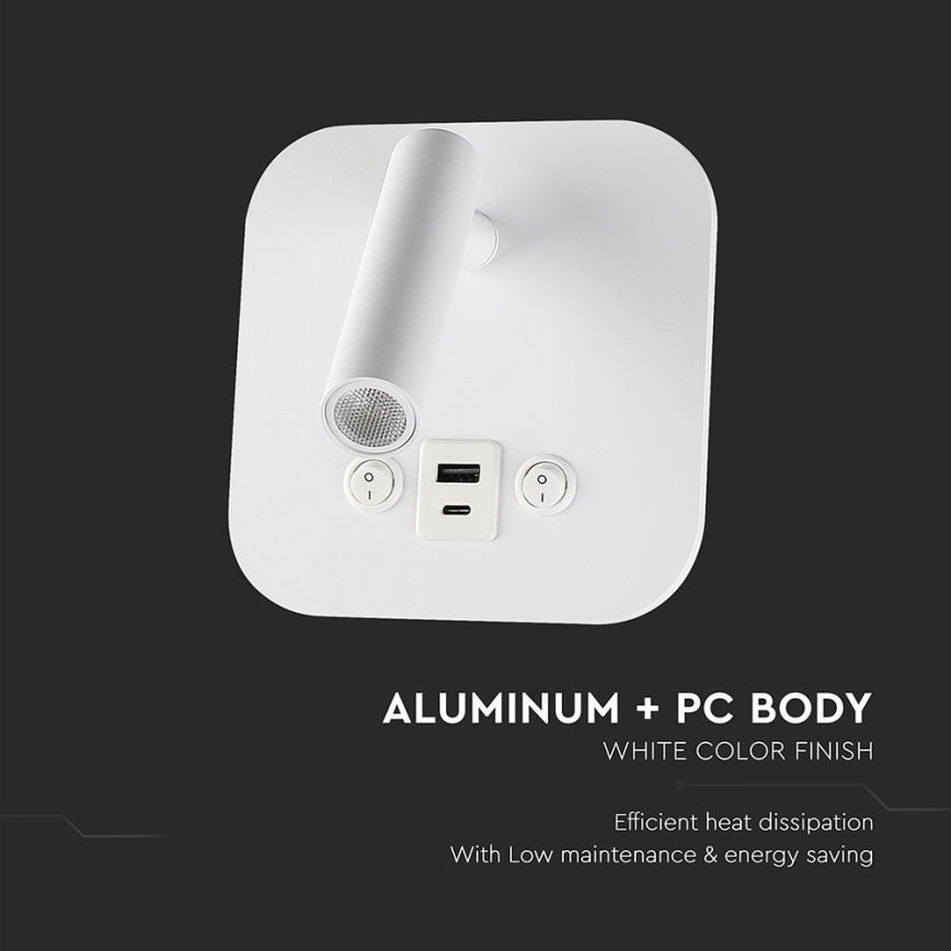 Aplique de parede LED direcionável com porta USB LED/8W/230V 3000K branco