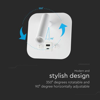 Aplique de parede LED direcionável com porta USB LED/8W/230V 3000K branco