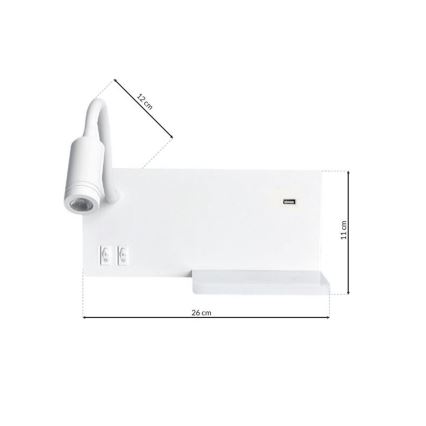 Aplique de parede LED SHELF LED/4W+LED/5W+LED/2W/230V + porta USB branco