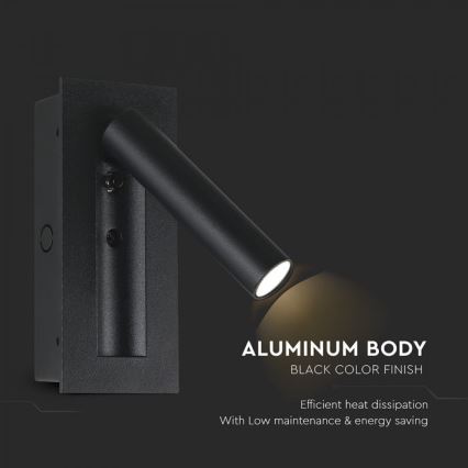 Aplique de parede orientável LED, 2W/230V, 3000K, preto