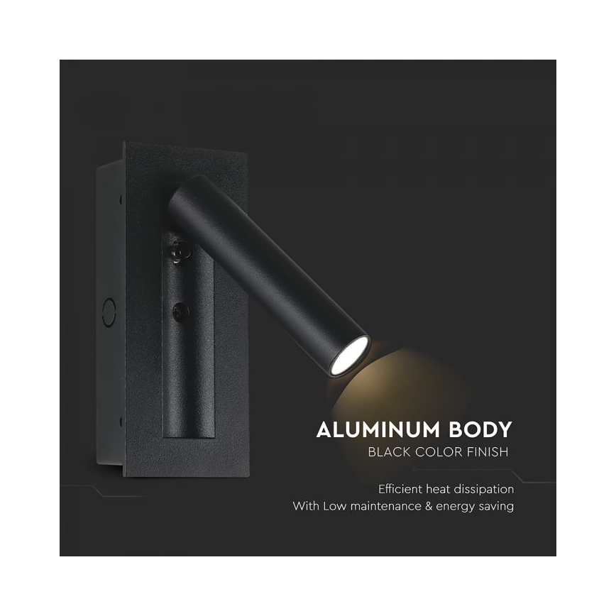 Aplique de parede orientável LED, 2W/230V, 3000K, preto