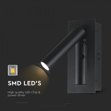Aplique de parede orientável LED, 2W/230V, 3000K, preto