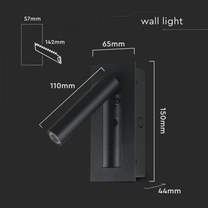 Aplique de parede orientável LED, 2W/230V, 3000K, preto