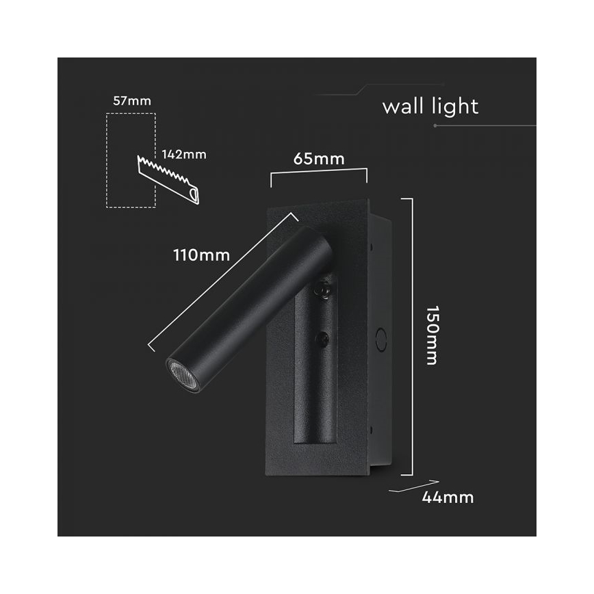 Aplique de parede orientável LED, 2W/230V, 3000K, preto