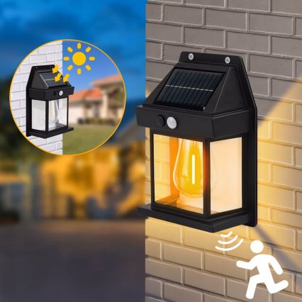 Aplique de parede solar LED com sensor LED/3,7V 600 mAh IP44 preto