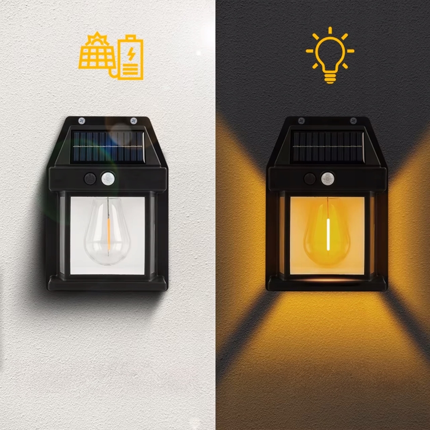 Aplique de parede solar LED com sensor LED/3,7V 600 mAh IP44 preto