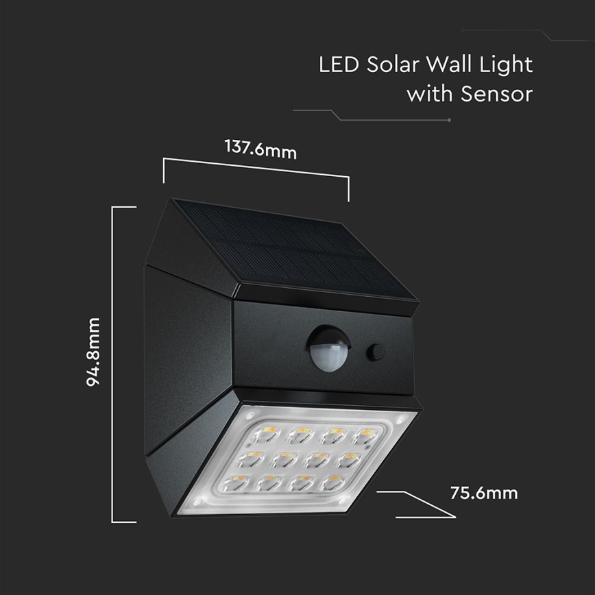 Aplique solar de parede LED com sensor LED/2,5W/3,7V 3000/4000/6000K IP65 1200 mAh preto