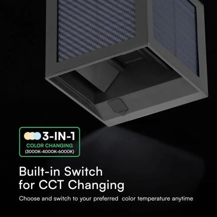 Aplique de parede solar LED com sensor, 9W/3,7V, 3000/4000/6000K, IP65, 2600 mAh, preto