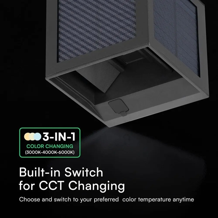 Aplique de parede solar LED com sensor, 9W/3,7V, 3000/4000/6000K, IP65, 2600 mAh, preto