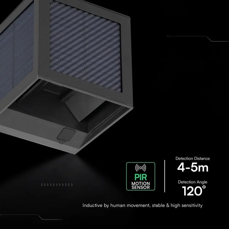 Aplique de parede solar LED com sensor, 9W/3,7V, 3000/4000/6000K, IP65, 2600 mAh, preto