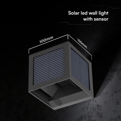Aplique de parede solar LED com sensor, 9W/3,7V, 3000/4000/6000K, IP65, 2600 mAh, preto