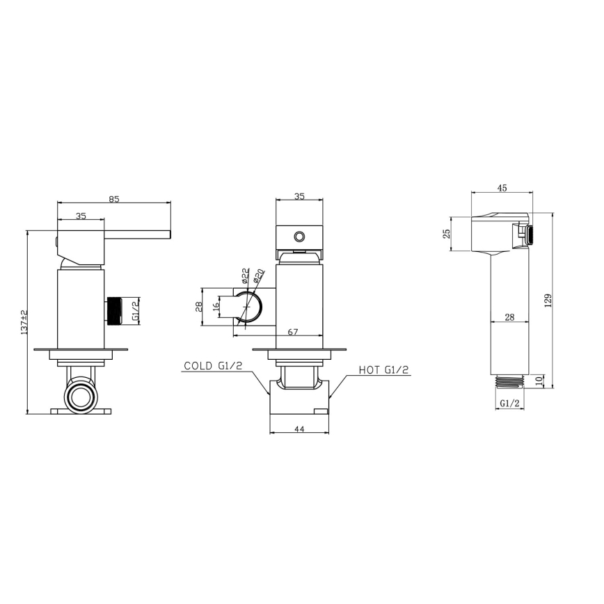 Aqualine - Torneira de bidé com chuveiro para instalação embutida cromado brilhante