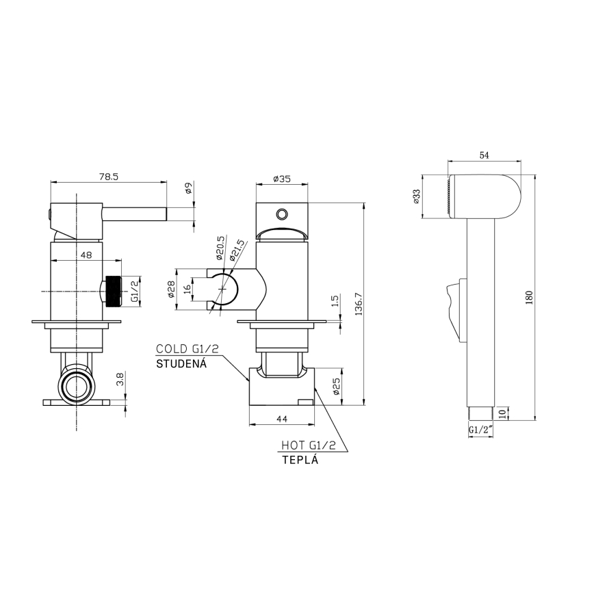 Aqualine - Torneira de bidé com chuveiro para instalação embutida mate preto