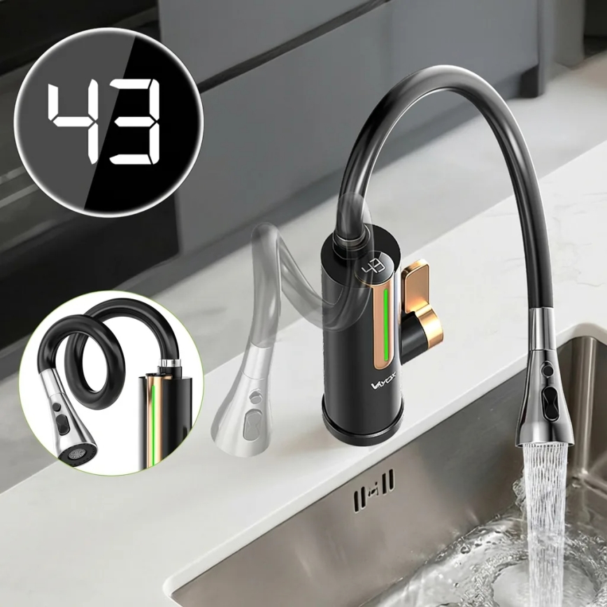 Aquecedor de água instantâneo com ecrã LED 3000W/230V IPX4 preto/dourado