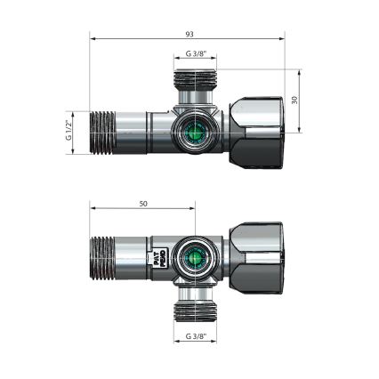 Arco - Válvula de ângulo combinada com duas saídas A-80, acabamento cromado brilhante