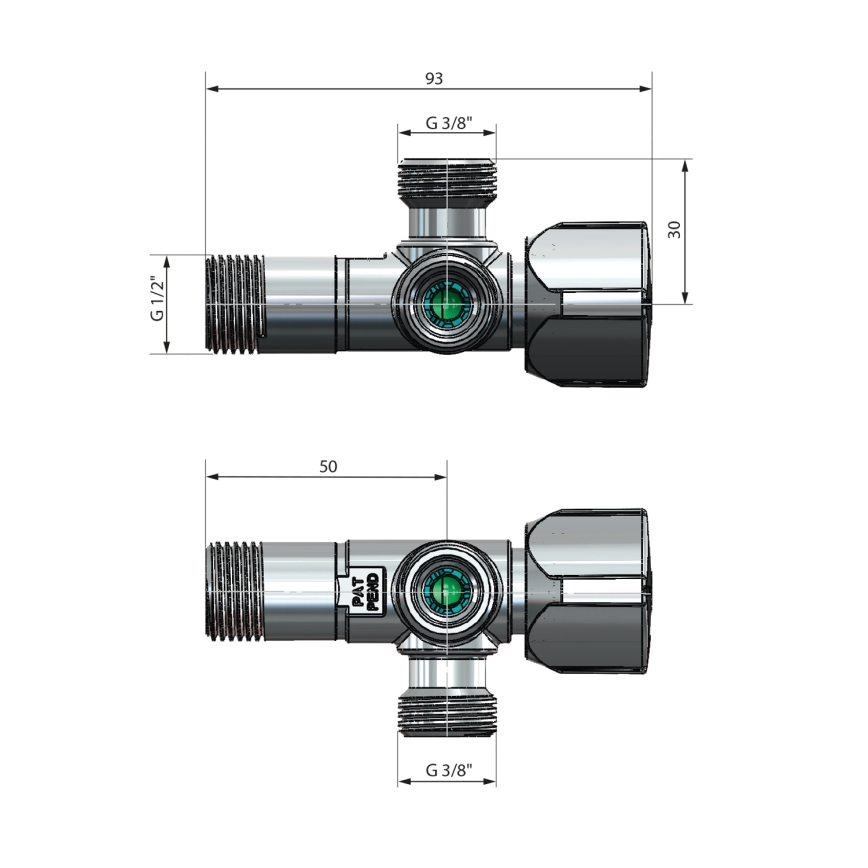 Arco - Válvula de ângulo combinada com duas saídas A-80, acabamento cromado brilhante